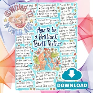 Póster PDF de instrucciones para el parto holístico con pareja / Folletos de educación para el parto / Herramientas de doula / Hipnoparto / Trabajadora de parto / Atención prenatal
