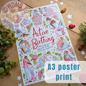 Póster de posiciones de parto A3 de 250 g/m² / Trabajo de parto activo / Educación prenatal / Doula / Partera / Hipnoparto