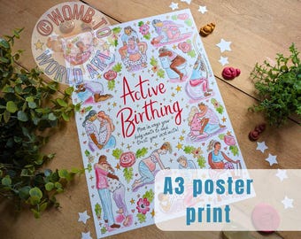 May include: A white A3 poster print with the text "Active Birthing" in red and black lettering. The poster features illustrations of people in various positions, including standing, sitting, and kneeling, with the text "Move in ways your body wants to and trust your instinctal."