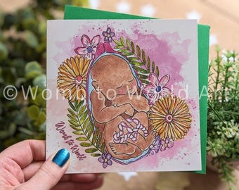 Floral Baby in Womb Art Card: Pregnancy, Birth Education Pregnancy Card