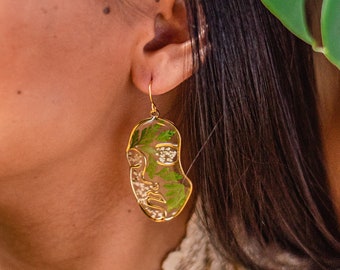 Gold face earrings, Pressed flower earrings, Preserved ferns, Preserved flowers, Plant lover gift, Face earrings, Terrarium earrings, Gift