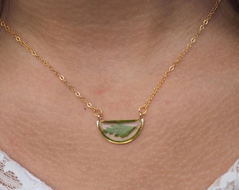 Real Preserved Fern Semicircle Necklace, Gold Botanical Pendant Jewelry, Handmade Nature Lover Gift, Real Pressed Fern Christmas Gift