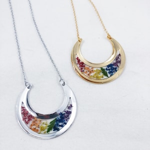 Gold semicircle necklace, Pressed flower necklace, Pride necklace, Rainbow necklace, Rainbow flower necklace, Resin necklace, Flower jewelry