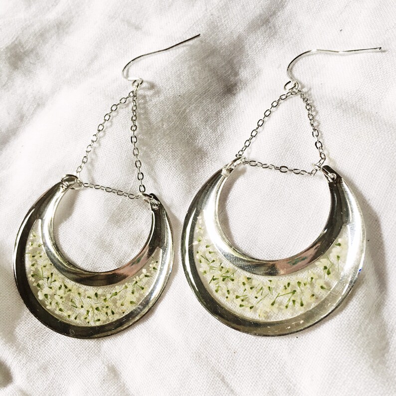 Preserved flowers Pressed flower earrings Crescent moon earrings Queen Anne\u2019s Lace Mom gift from daughter Dried flower jewelry