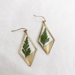 Brass diamond earrings, Fern earrings, Cottagecore jewelry, Botanical earrings, Mom gift from daughter, Resin flower earrings