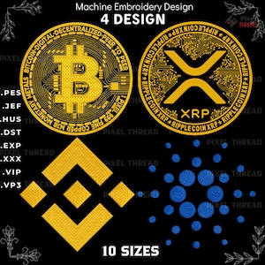 Krypto-Stickerei-Bundle 4 Designs, Bitcoin XRP Cardano Binance Stickdateien, Krypto-Währung Logo Pack