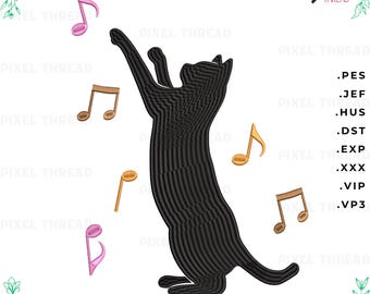 May include: A machine embroidery design featuring a black cat standing on its hind legs with front paws raised, surrounded by floating musical notes in pink and gold. Text includes Machine Embroidery Design, +BONUS.PNG 12"X12", 10 SIZES, and file formats .PES, .JEF, .HUS, .DST, .EXP, .XXX, .VIP, .VP3.