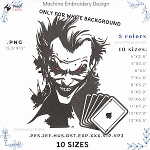 May include: Machine embroidery design of a smiling character with red eyes and playing cards, in black and white. Available in 10 sizes, from 10.16cm x 6.6cm to 33.02cm x 21.59cm. The design is for white backgrounds only. Includes the text: Machine Embroidery Design.