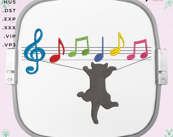 Music Notes with a cat color, machine embroidery design for a gift to a music lover.