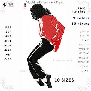 May include: Machine embroidery design featuring a silhouette of a person in a red jacket and black pants, in a classic pose. The design is available in 10 sizes, from 3"x1.3" to 12"x5", and 3 colors. The image includes file formats such as .PES, .JEF, and .HUS.
