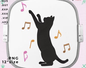 Dancing Cat Embroidery Design, Music Notes, Funny Machine Embroidery File