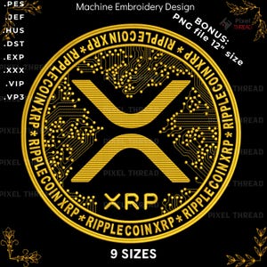 Diseño de bordado de moneda XRP, bordado a máquina con patrón de circuito (archivo digital)