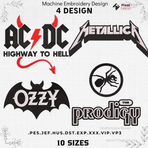 Broderipaket med rockstil, 4 designer – Set med logotyper inspirerade av tung musik