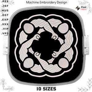 May include: Machine embroidery design featuring a circular pattern of stylized arms in white thread on a black background. The design includes the text "10 SIZES" and the seller's email address. The design is suitable for various embroidery projects.