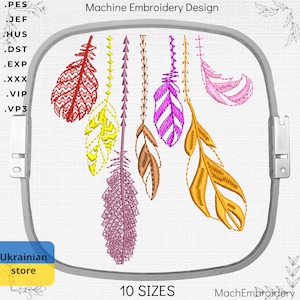 Puede incluir: Diseño de bordado a máquina que presenta un conjunto de siete plumas de colores, con una variedad de colores que incluyen rojo, amarillo, morado, rosa y naranja. El diseño está enmarcado por un aro e incluye el texto "10 SIZES" y "MachEmbroidery".