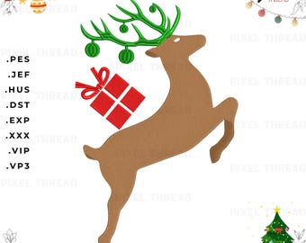 Christmas Reindeer Gift Machine Embroidery Design (PES, JEF, HUS)