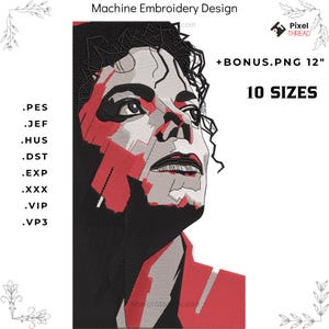 May include: Machine embroidery design featuring a stylized portrait of a person with black hair and red and gray accents. The design includes the text "+BONUS.PNG 12" and "10 SIZES".
