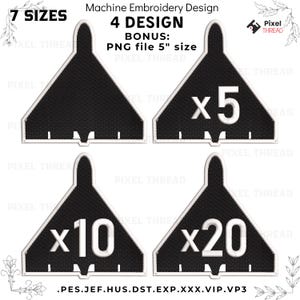 May include: Four black triangular machine embroidery designs featuring a white border. The designs include a plain triangle, a triangle with x5, a triangle with x10, and a triangle with x20 in white text. Includes a 5-inch PNG bonus file.