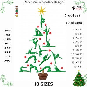 May include: Machine embroidery design featuring a Christmas tree shape composed of green yoga poses, red ornaments, and a yellow star. The design includes 5 colors and 10 sizes, ranging from 4"x2.5" to 13"x8".