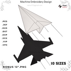 Disegno per ricamo a forma di ombra di un aeroplanino di carta, modello di aereo da caccia (download digitale)