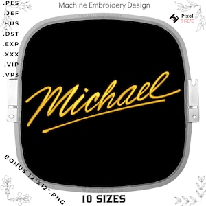 Puede incluir: Diseño de bordado a máquina con el nombre "Michael" en escritura dorada sobre fondo negro. El diseño incluye varios formatos de archivo y tamaños, con el texto "BONUS 12"X12".PNG" y "10 SIZES".