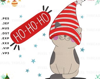 Christmas Cat Machine Embroidery Design: Festive Ho-Ho-Ho Cat with Santa Hat
