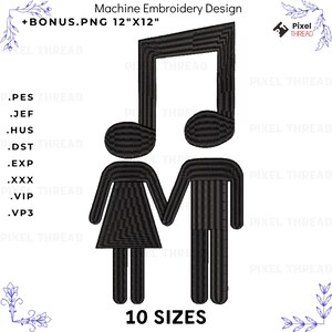 Diseño de bordado a máquina para pareja de músicos: hombre, mujer, nota musical (10 tamaños)