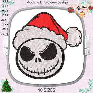 May include: Machine embroidery design of a white and gray Jack Skellington face wearing a red and white Santa hat. The design is in a hoop and is available in 10 sizes.