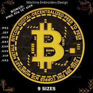 Gold Bitcoin Machine Embroidery Design, Cryptocurrency Logo (Digital Download)