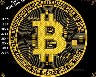 Gold Bitcoin Machine Embroidery Design, Cryptocurrency Logo (Digital Download)