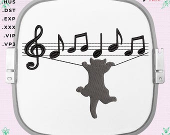 Notes with a cat, machine embroidery design for a gift to a music lover.