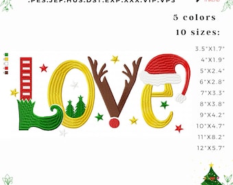 Christmas LOVE Embroidery Design, Applique Style, Reindeer Antlers, Santa Hat & Holiday Letters  (Digital Download)