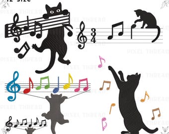 Cat Music Machine Embroidery Bundle, 4 Designs, 10 Sizes (Digital Download)