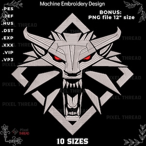 Design de bordado à máquina de medalhão de lobo de The Witcher (10 tamanhos) - Bônus PNG para vestuário de fantasia gamer