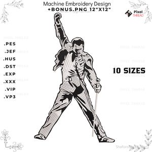 May include: A black and white machine embroidery design featuring a stylized figure with one arm raised in a fist and holding a thin cane. The text reads Machine Embroidery Design +BONUS.PNG 12"X12", 10 SIZES, and lists file formats .PES, .JEF, .HUS, .DST, .EXP, .XXX, .VIP, .VP3.