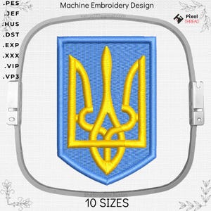 May include: Machine embroidery design featuring a blue shield with a gold trident emblem. The design is framed by a gray embroidery hoop. Text includes "Machine Embroidery Design," "valrus777@gmail.com," "Pixel Thread," "Shaforostov Ruslan," and "10 SIZES."
