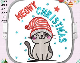 Cat Christmas Meowy Christmas machine embroidery design,  a gift for the whole family.