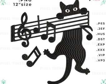 Black Cat Music Notes Embroidery Design (10 Sizes) pes dst vp3