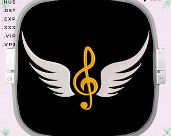 Treble clef with wings, machine embroidery design for a gift to a music lover.
