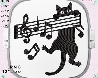 Cat Music Embroidery Design – Black Cat Playing Notes (Digital Download)