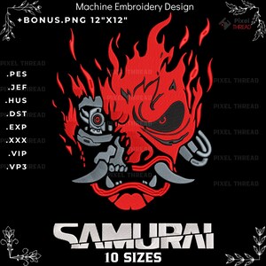 Samurai schedel borduurontwerp, Japanse krijger, Oni Fire Mask (PES-patroon)