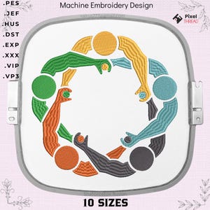 Könnte beinhalten: Maschinenstickdesign mit einem farbenfrohen, abstrakten Design von Menschen, die sich im Kreis an den Händen halten. Das Design enthält den Text "Machine Embroidery Design", "valrus777@gmail.com", "Pixel Thread", "Shatorostov Ruslan" und "10 SIZES".
