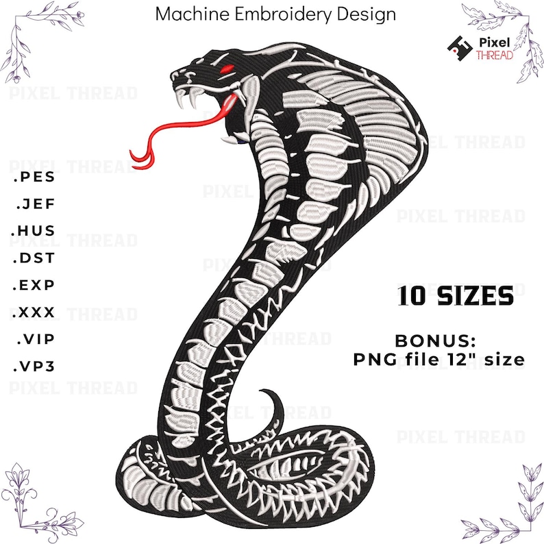 Pes Format Snake Cobra Snake Machine Embroidery Design Pes Jef Hus Dst Exp Xxx Vip Vp3 ...