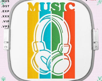 Music in headphones, machine embroidery design for a gift to a music lover.