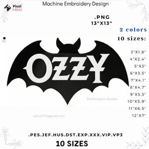 Puede incluir: Diseño de bordado a máquina en forma de murciélago negro con el nombre "OZZY" en blanco. El diseño está disponible en 10 tamaños, que van desde 7,6 cm x 4,6 cm hasta 30,5 cm x 17,8 cm. El diseño está disponible en 2 colores.