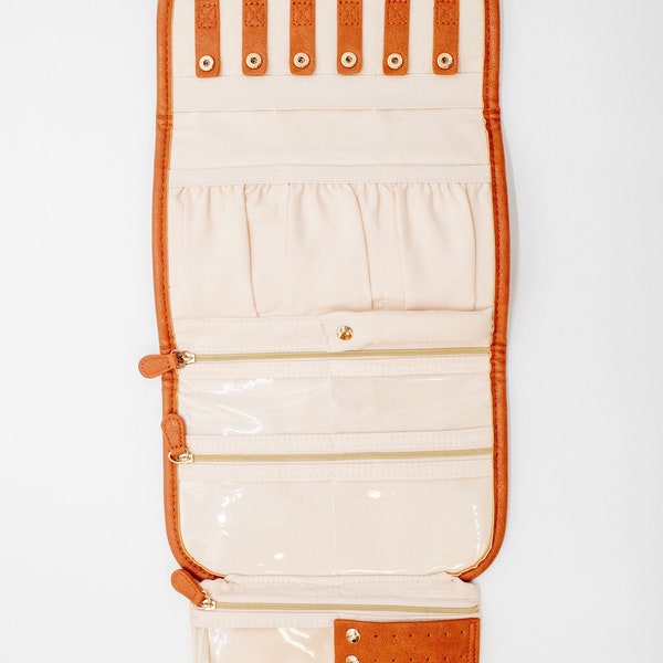 Vegan Leather Medium Travel Jewelry Organizer bag - COGNAC