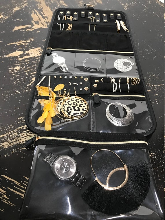 Vegan Leather Medium Travel Jewelry Organizer Bag BLACK 
