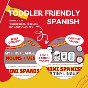 Spanish Learning Bundle for Kids | Printable Flashcards, Verbs and Nouns Pack and Object Stickies | Spanish for Toddlers & Preschoolers