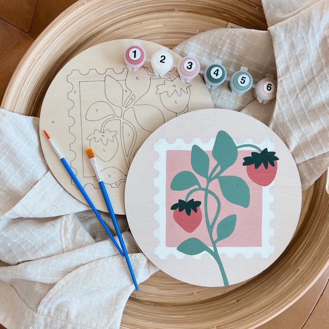 STRAWBERRY STAMP Paint by Number Kit, Diy Craft Kit, Wood Paint by