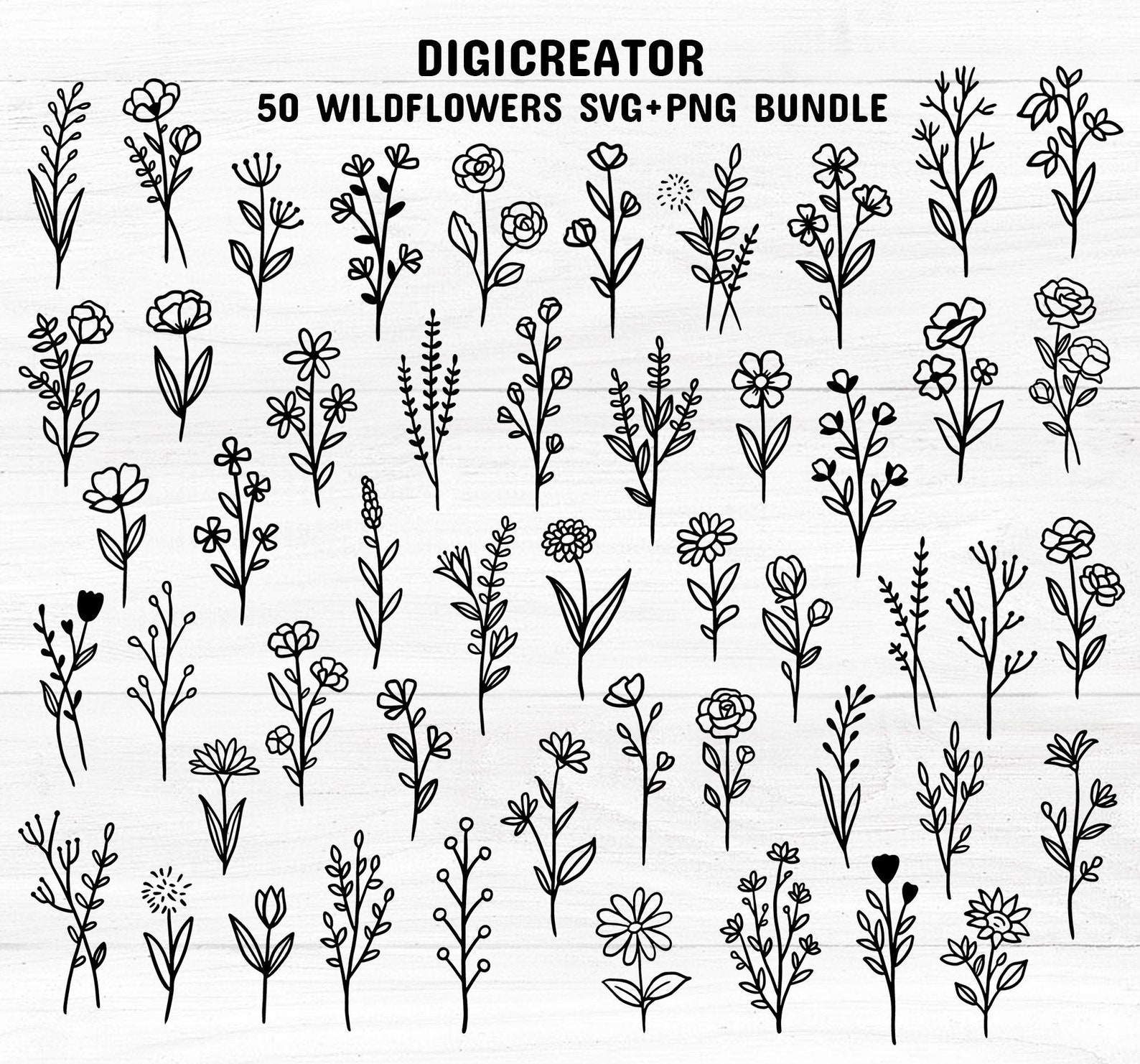 50 Wildflowers Svg Bundle Hand Drawn Wildflowers Png Bundle Etsy